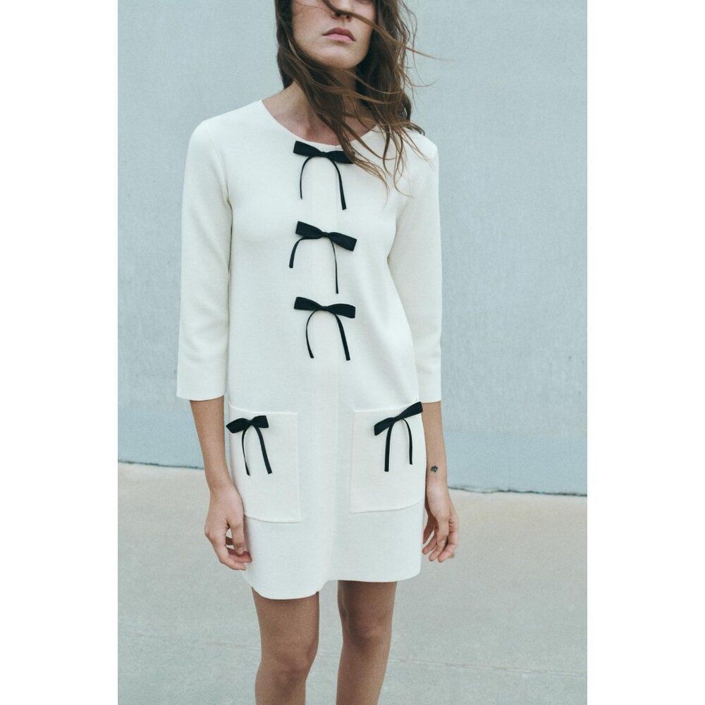 Zara Women Short Knitted Dress Medium M White Bow 3/4 Sleeves 2142/201 NWT